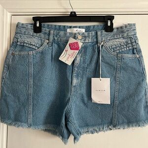KanCan Medium Blue High-Waist Denim Shorts with Frayed Hem